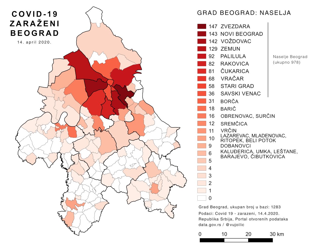 Broj zaraženih od COVID-19 u Beogradu po opštinama i gradskim i prigradskim naseljima