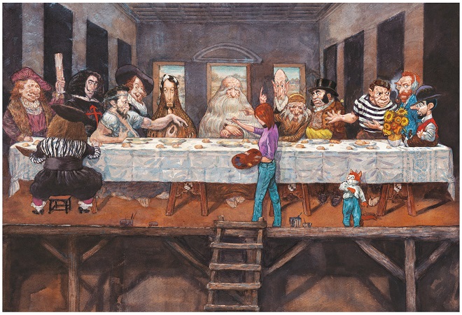 Gradimir Smuđa: Tajna večera - Leonardo da Vinči i 12 apostola umetnosti; strip album "Au fil de l’Art" (tom 1), forzec, akvarel, 2012.