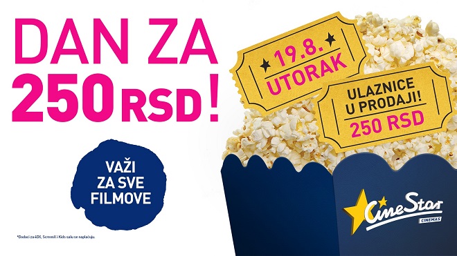 CineStar bioskopi: 250 dinara - cena ulaznice - 19. avgust 2025.